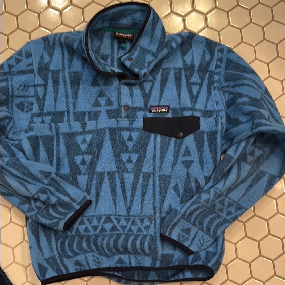 Patagonia Teal and Navy Patterned Fleece Pullover